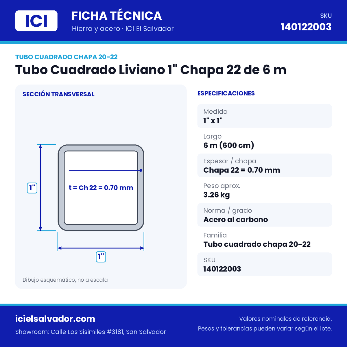 Ficha técnica Tubo Cuadrado Liviano 1" Chapa 22 de 6 m – ICI El Salvador