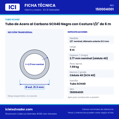 Ficha técnica Tubo de Acero al Carbono SCH40 Negro con Costura 1/2" de 6 m – ICI El Salvador