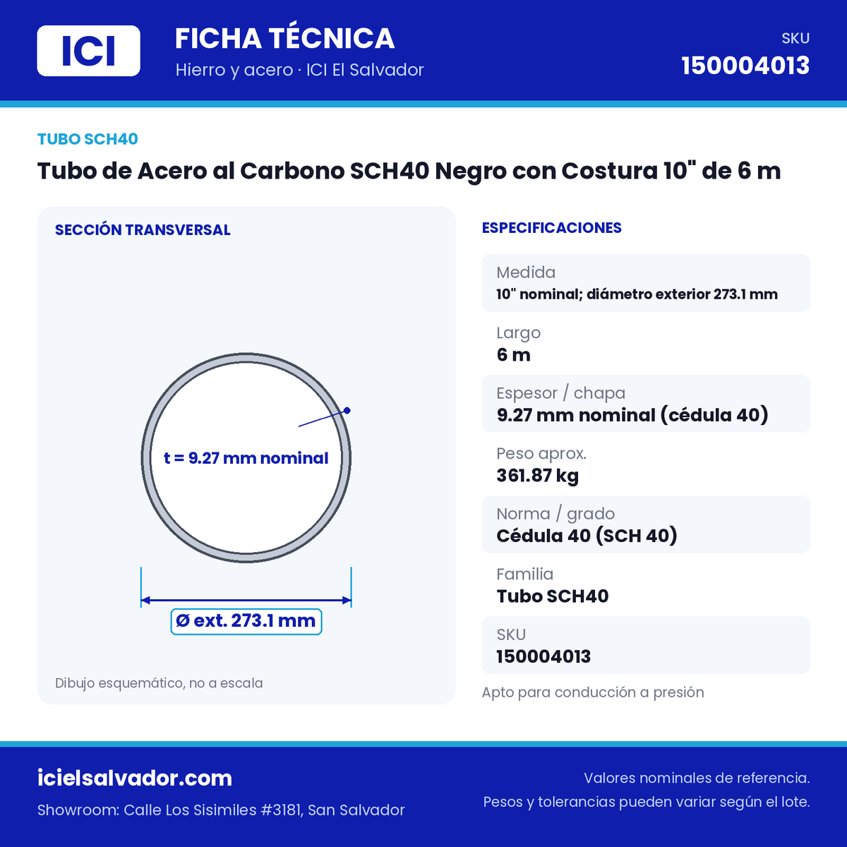 Ficha técnica Tubo de Acero al Carbono SCH40 Negro con Costura 10" de 6 m – ICI El Salvador