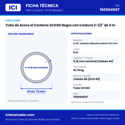 Ficha técnica Tubo de Acero al Carbono SCH40 Negro con Costura 2-1/2" de 6 m – ICI El Salvador
