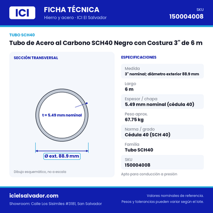 Ficha técnica Tubo de Acero al Carbono SCH40 Negro con Costura 3" de 6 m – ICI El Salvador