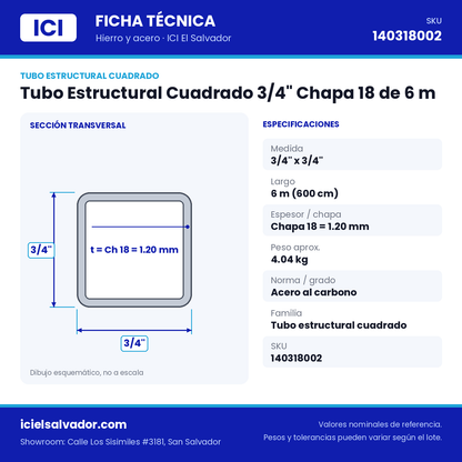 Ficha técnica Tubo Estructural Cuadrado 3/4" Chapa 18 de 6 m – ICI El Salvador