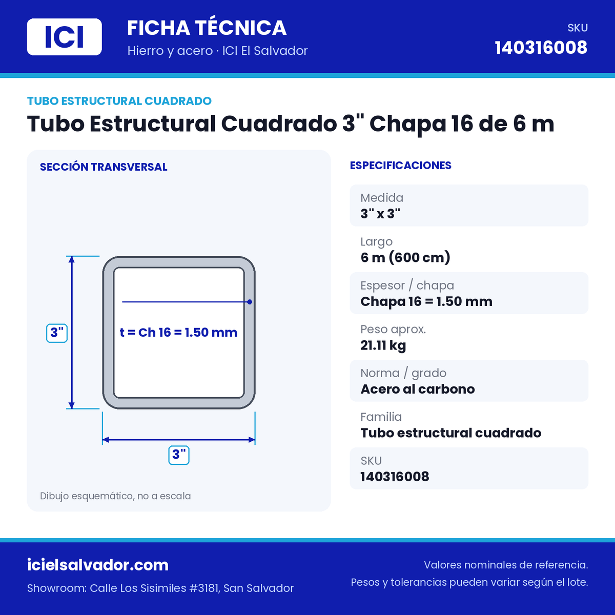 Ficha técnica Tubo Estructural Cuadrado 3" Chapa 16 de 6 m – ICI El Salvador