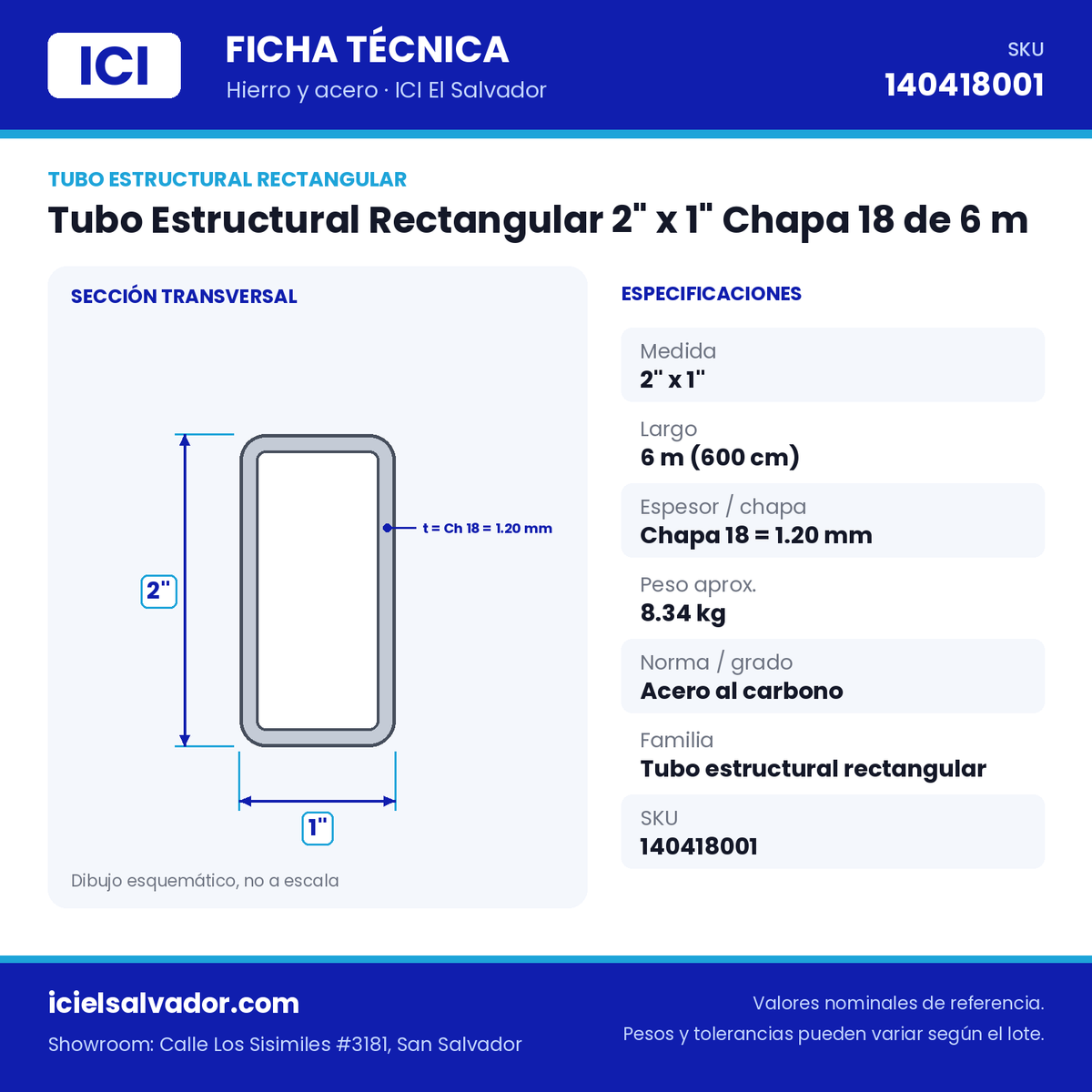 Ficha técnica Tubo Estructural Rectangular 2" x 1" Chapa 18 de 6 m – ICI El Salvador