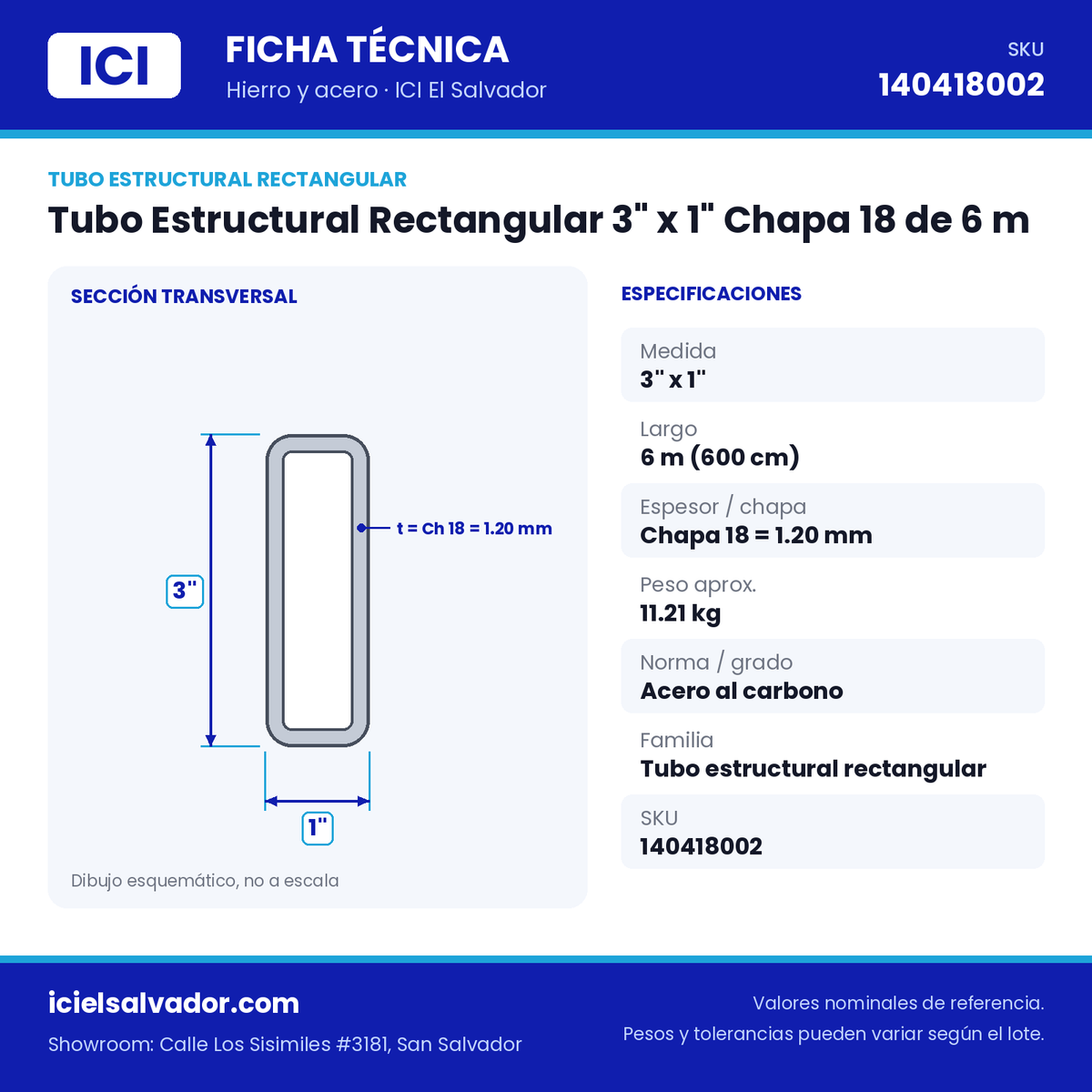Ficha técnica Tubo Estructural Rectangular 3" x 1" Chapa 18 de 6 m – ICI El Salvador