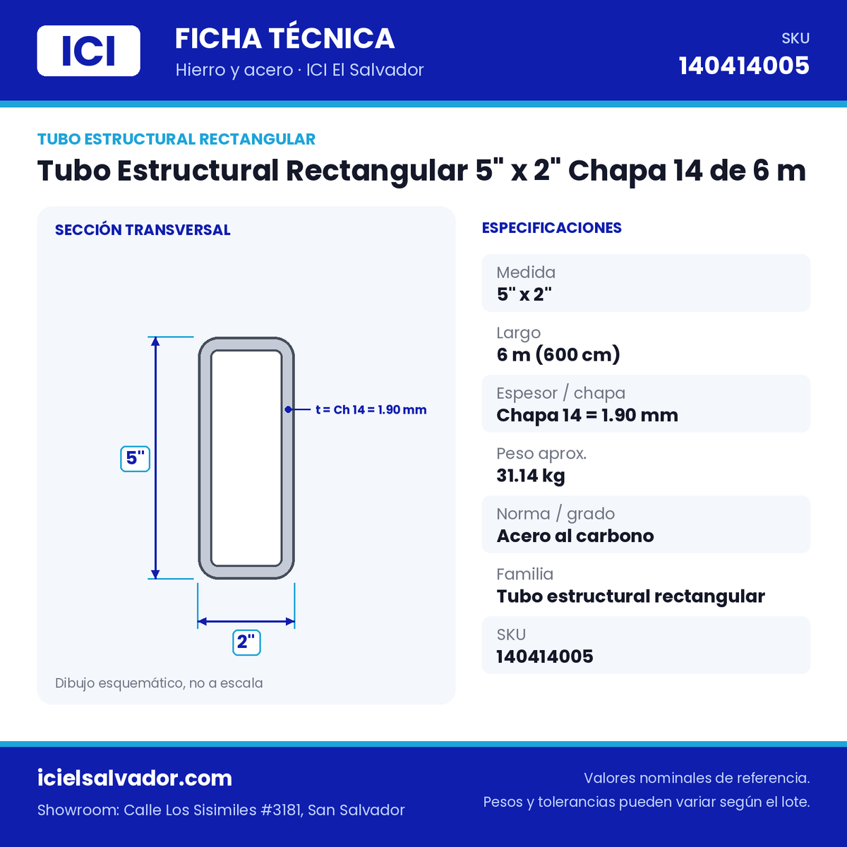 Ficha técnica Tubo Estructural Rectangular 5" x 2" Chapa 14 de 6 m – ICI El Salvador