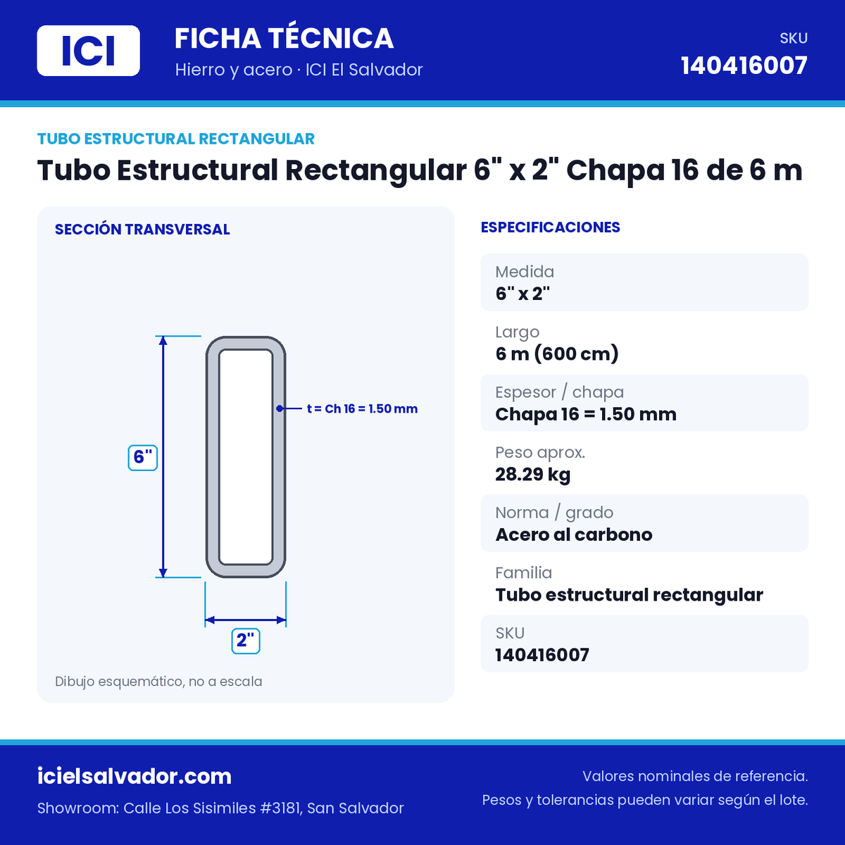 Ficha técnica Tubo Estructural Rectangular 6" x 2" Chapa 16 de 6 m – ICI El Salvador