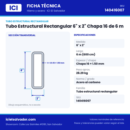 Ficha técnica Tubo Estructural Rectangular 6" x 2" Chapa 16 de 6 m – ICI El Salvador