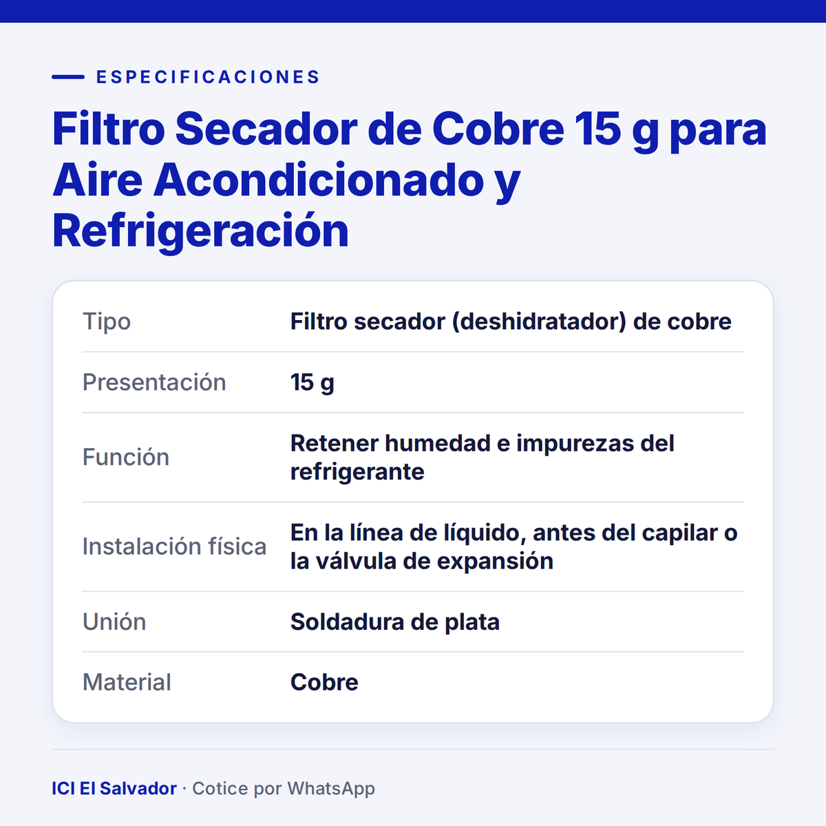 Ficha de especificaciones: filtro secador de cobre 15 g