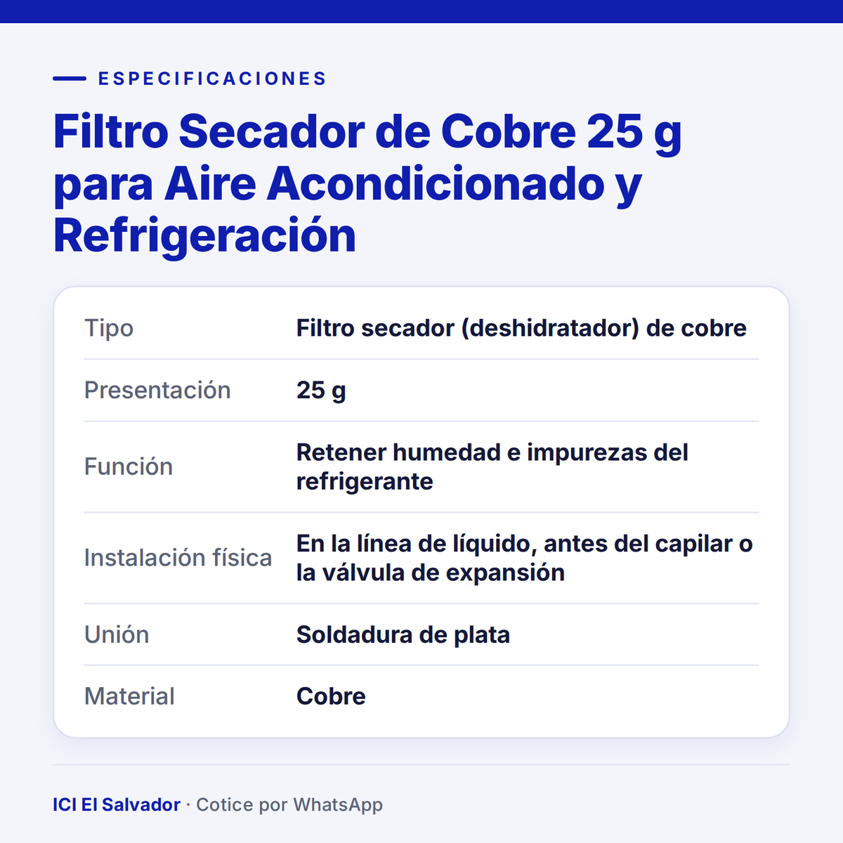 Ficha de especificaciones: filtro secador de cobre 25 g