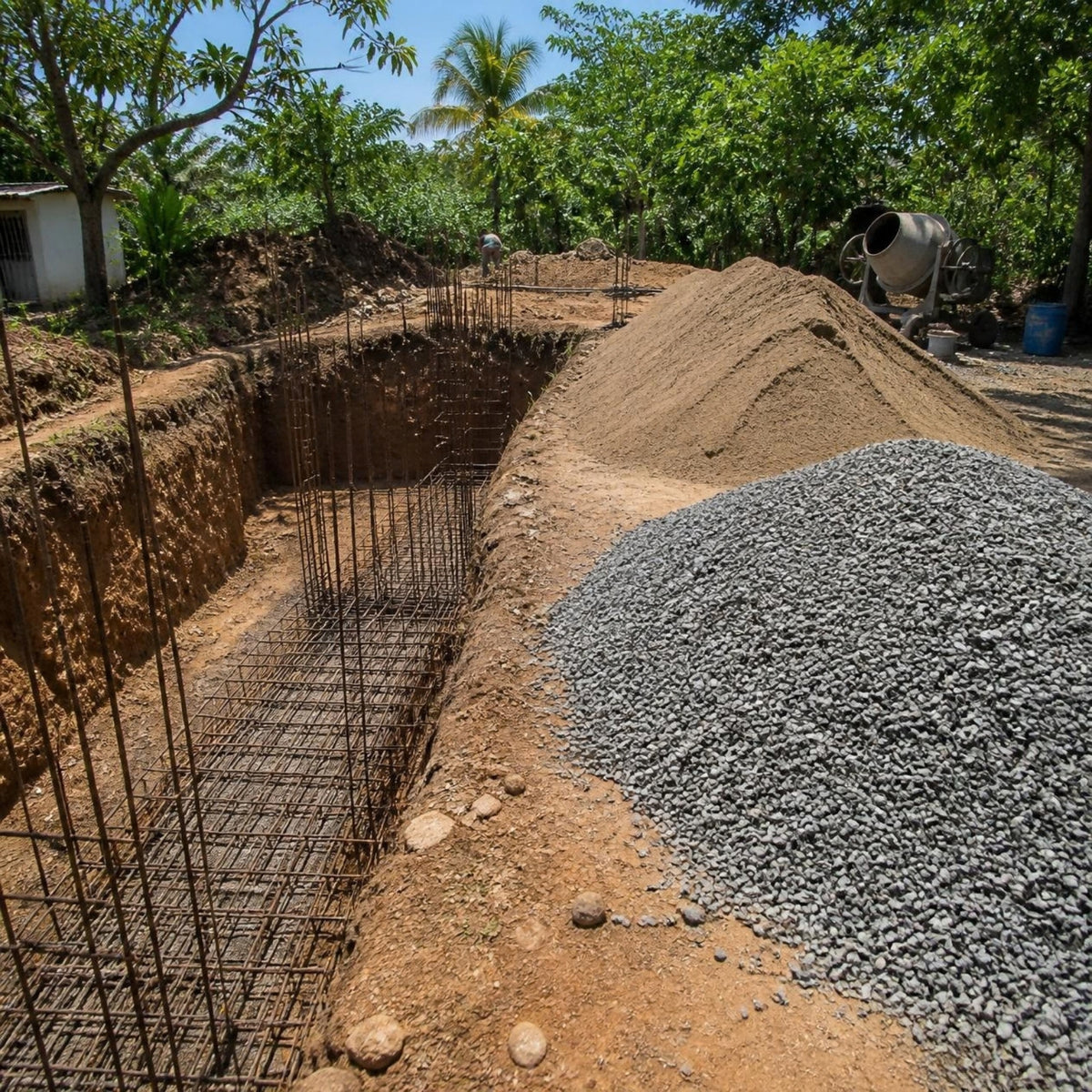 Obra típica en El Salvador: excavación de cimiento con grava y arena apiladas junto al armado de hierro