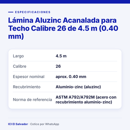 Lámina aluzinc acanalada calibre 26 de 4.5 m — tarjeta de especificaciones