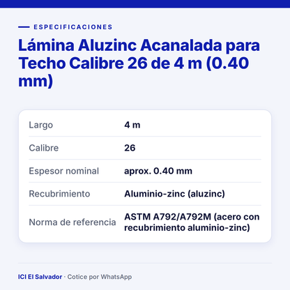Lámina aluzinc acanalada calibre 26 de 4 m — tarjeta de especificaciones
