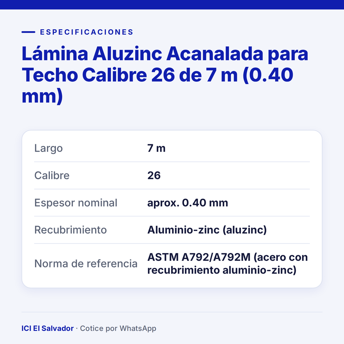 Lámina aluzinc acanalada calibre 26 de 7 m — tarjeta de especificaciones