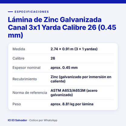 Lámina de zinc galvanizada canal 3x1 yarda calibre 26 — tarjeta de especificaciones