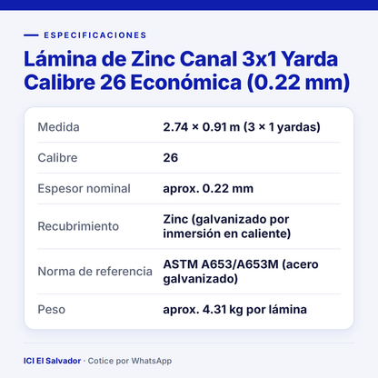 Lámina de zinc galvanizada canal 3x1 yarda calibre 26 — tarjeta de especificaciones