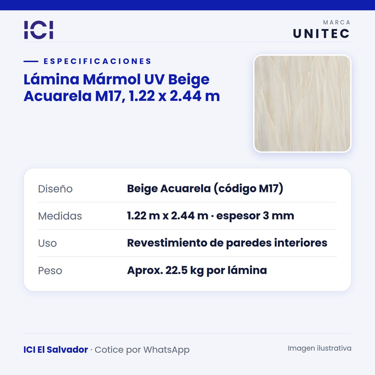 Ficha de especificaciones de Lámina Mármol UV Beige Acuarela M17