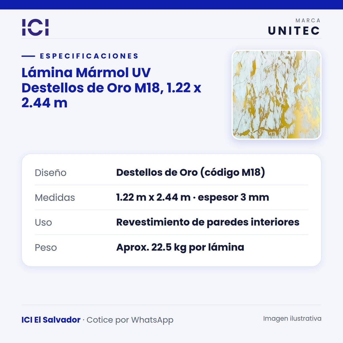 Ficha de especificaciones de Lámina Mármol UV Destellos de Oro M18