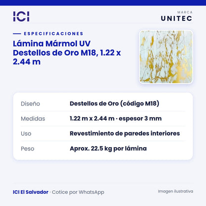 Ficha de especificaciones de Lámina Mármol UV Destellos de Oro M18