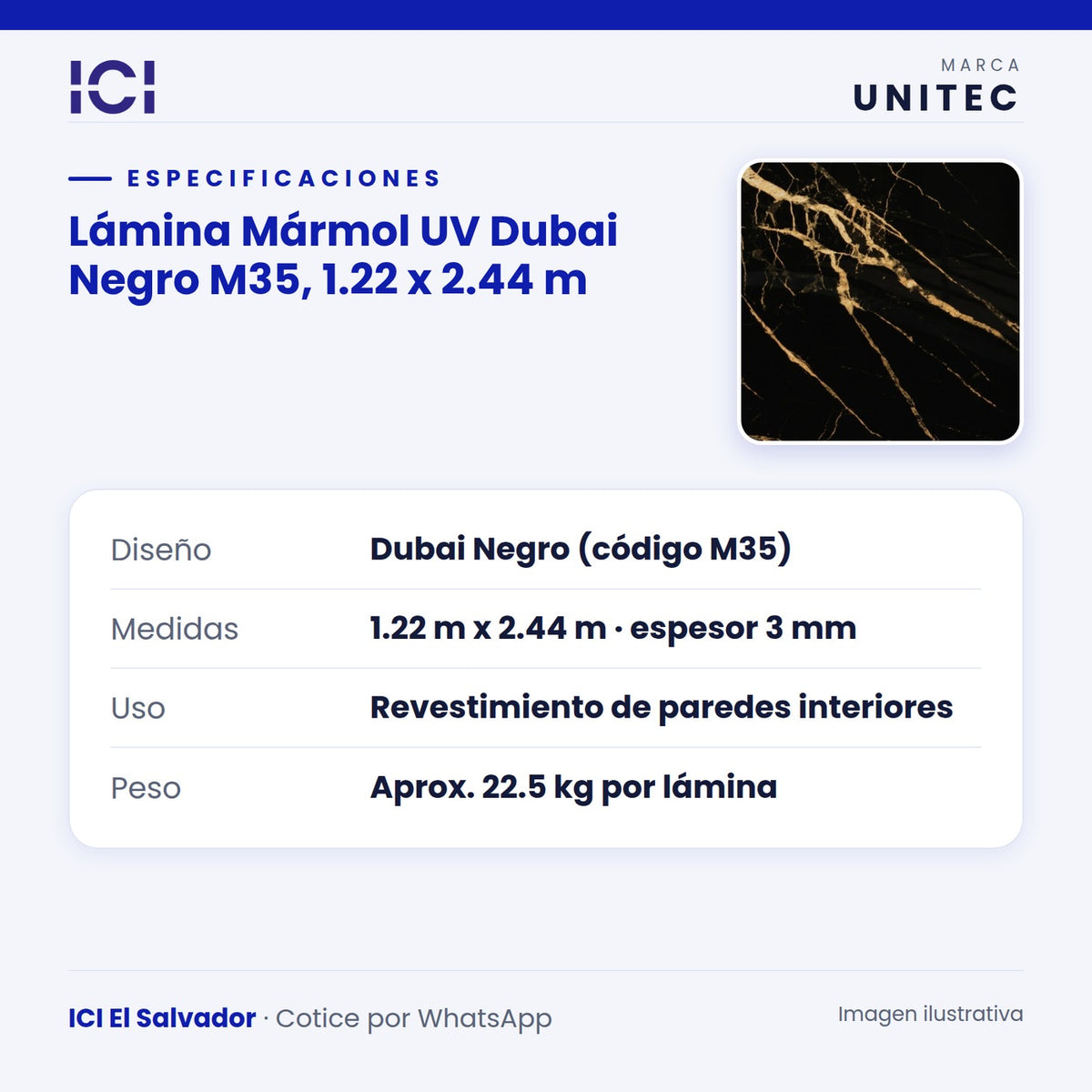 Ficha de especificaciones de Lámina Mármol UV Dubai Negro M35