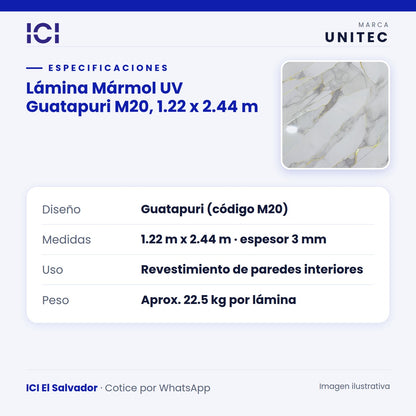 Ficha de especificaciones de Lámina Mármol UV Guatapuri M20