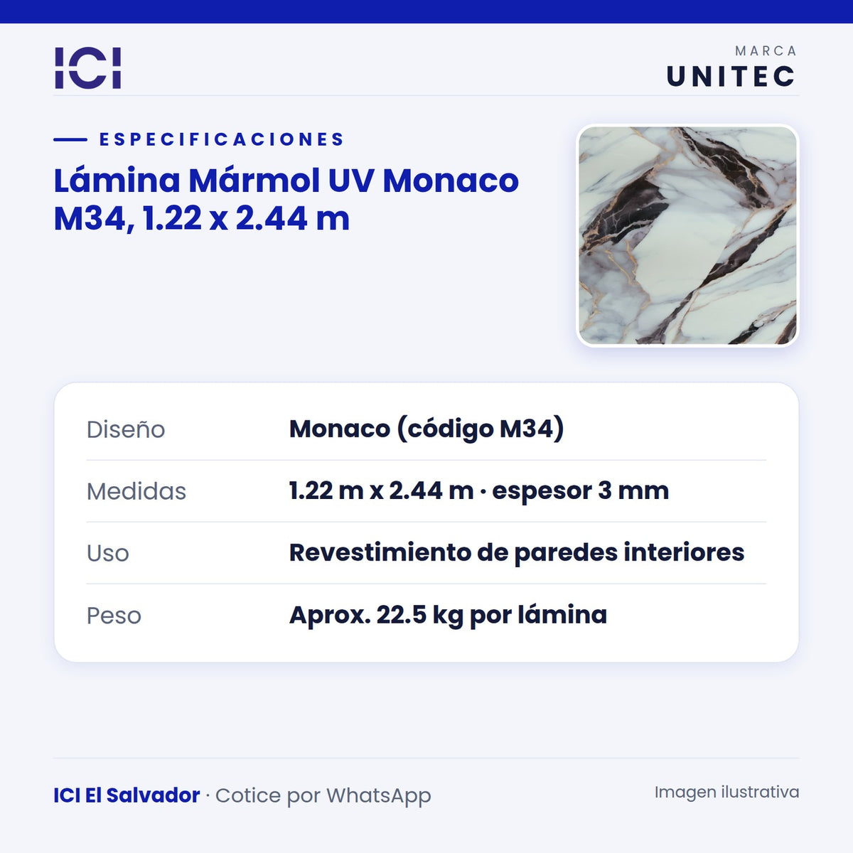 Ficha de especificaciones de Lámina Mármol UV Monaco M34