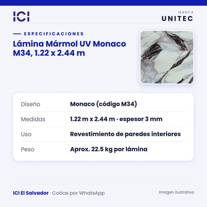 Ficha de especificaciones de Lámina Mármol UV Monaco M34