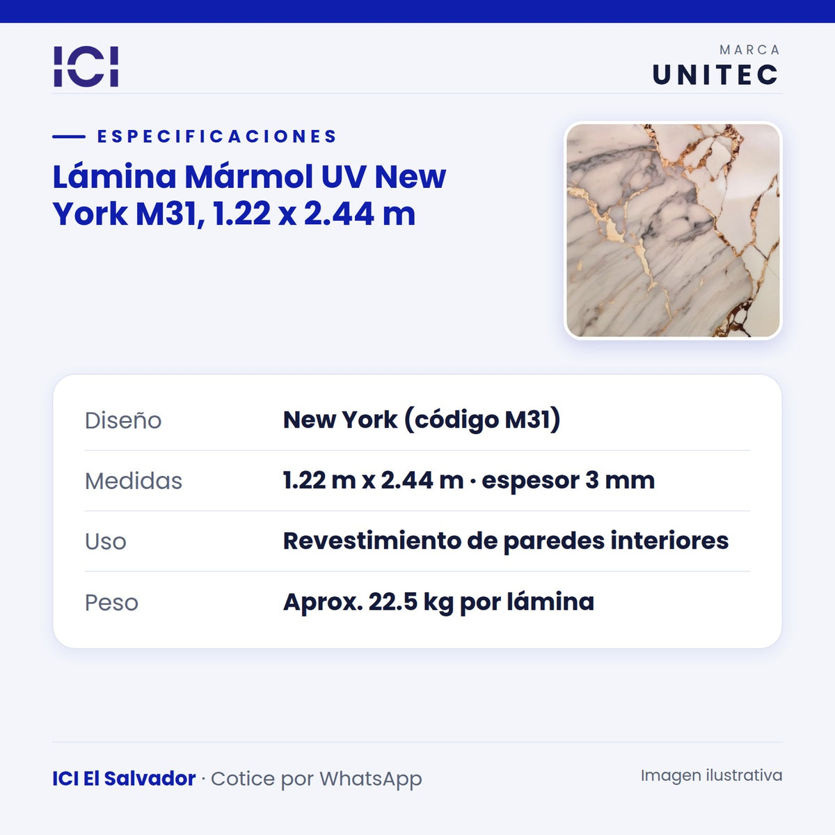 Ficha de especificaciones de Lámina Mármol UV New York M31