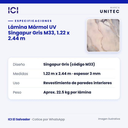 Ficha de especificaciones de Lámina Mármol UV Singapur Gris M33