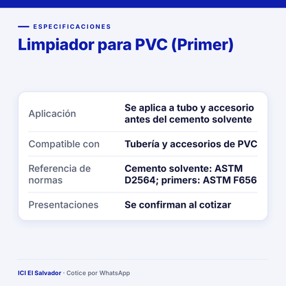Limpiador para PVC (primer) — tarjeta de especificaciones