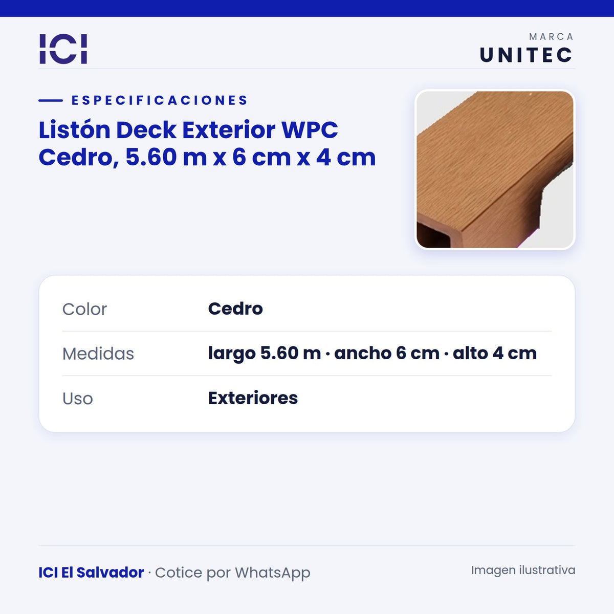 Ficha de especificaciones de Listón Deck Exterior WPC Cedro
