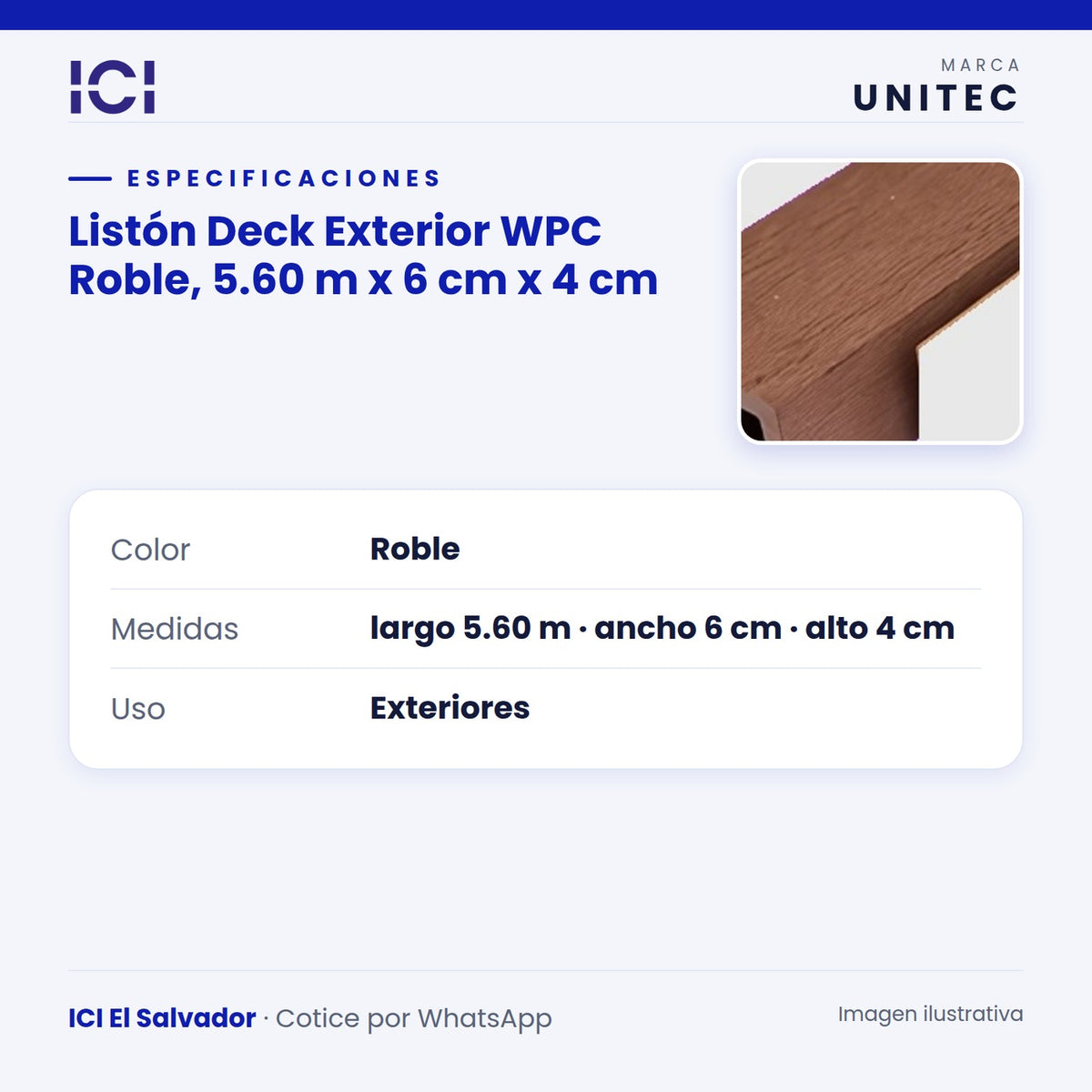 Ficha de especificaciones de Listón Deck Exterior WPC Roble