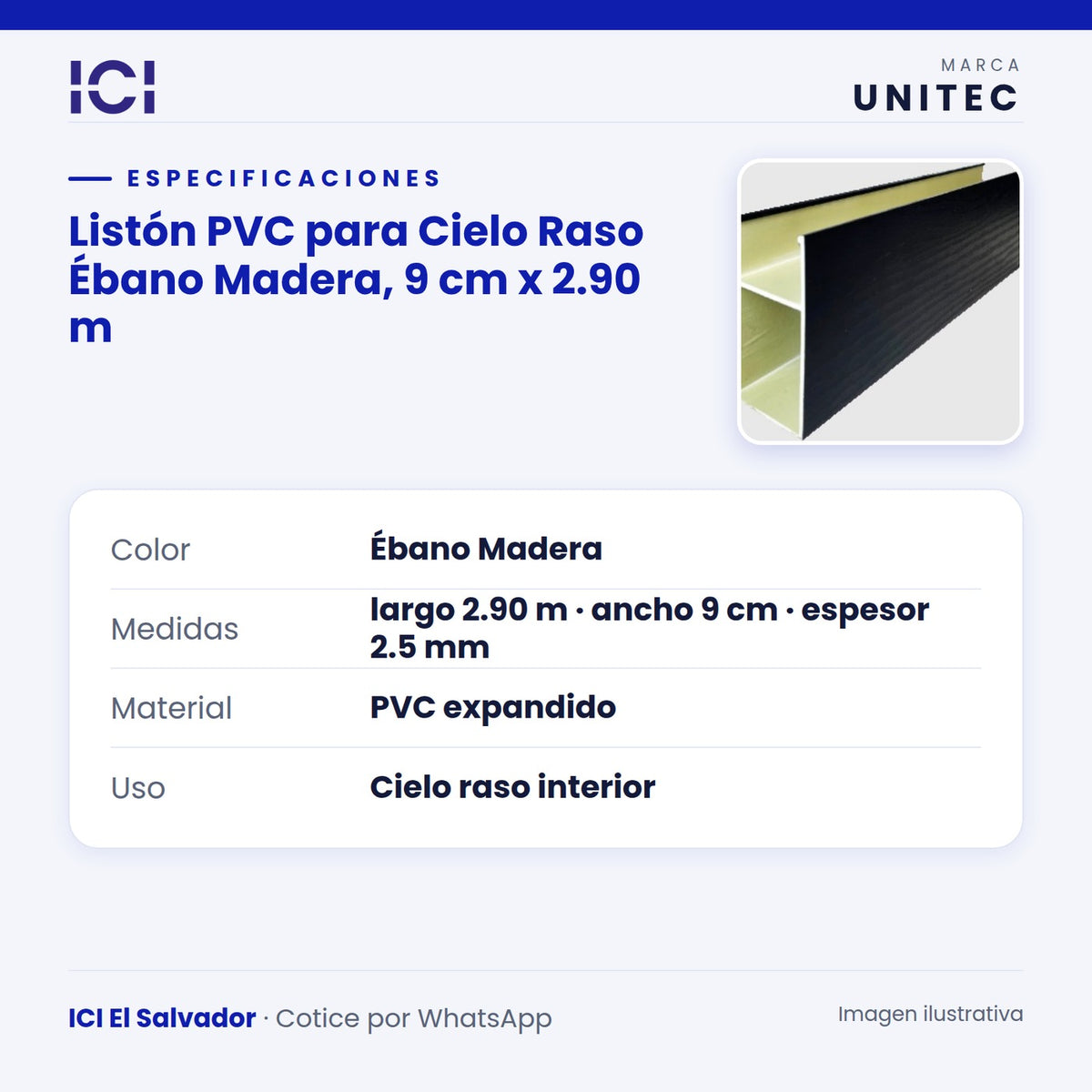 Ficha de especificaciones de Listón PVC para Cielo Raso Ébano Madera