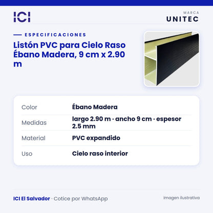 Ficha de especificaciones de Listón PVC para Cielo Raso Ébano Madera
