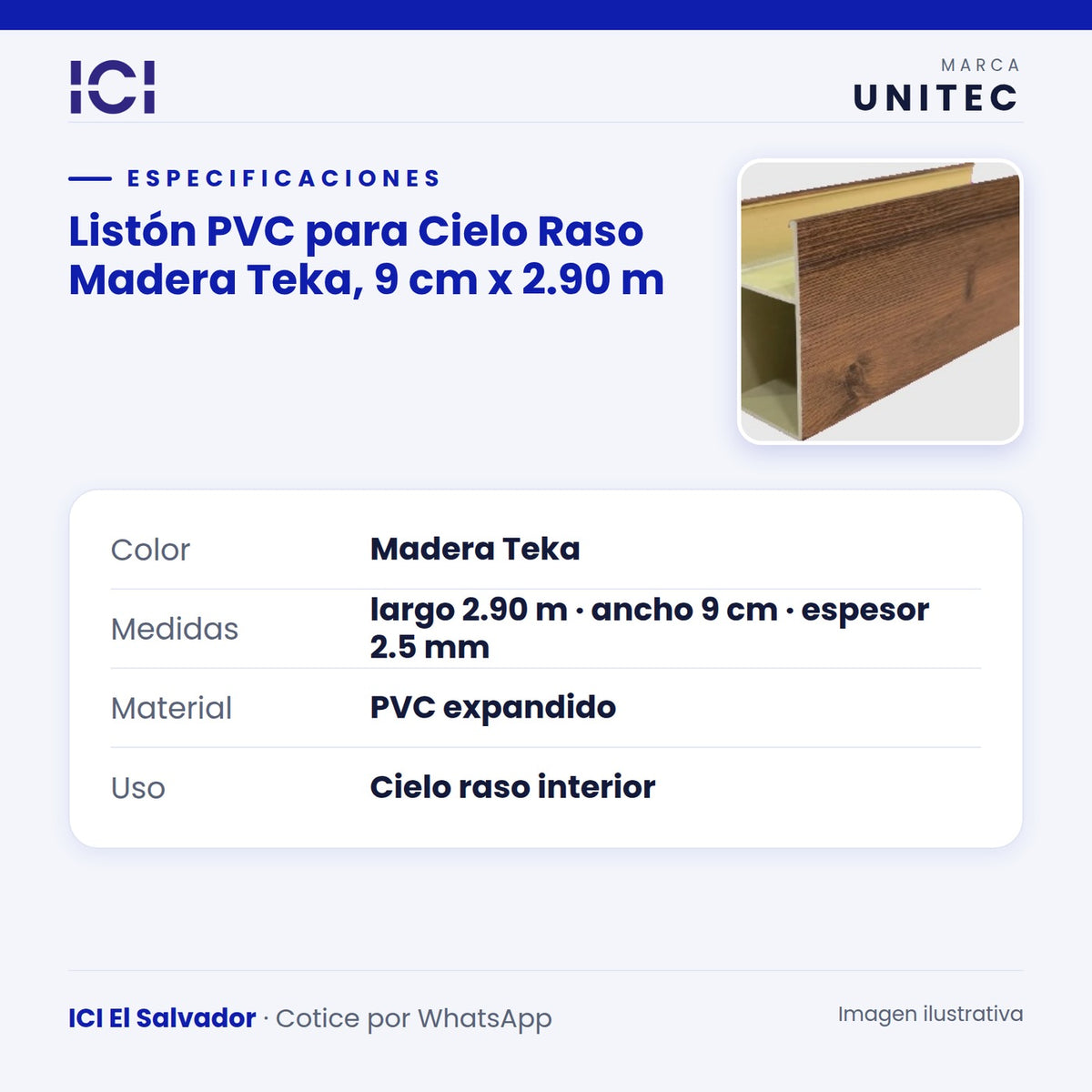 Ficha de especificaciones de Listón PVC para Cielo Raso Madera Teka