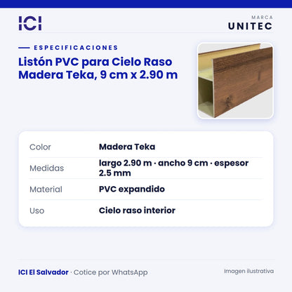 Ficha de especificaciones de Listón PVC para Cielo Raso Madera Teka