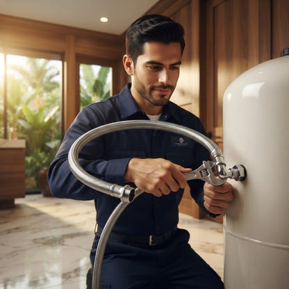 Imagen ilustrativa de uso: un instalador conecta una manguera flexible a un tanque hidroneumático en un cuarto de bombas