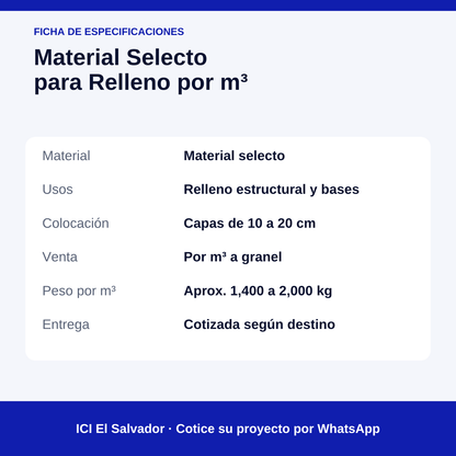 Material selecto para relleno por m³ — tarjeta de especificaciones