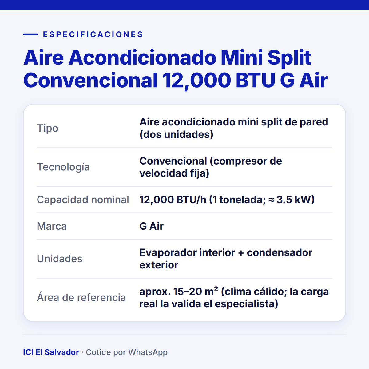 Ficha de especificaciones: mini split convencional G Air 12,000 BTU