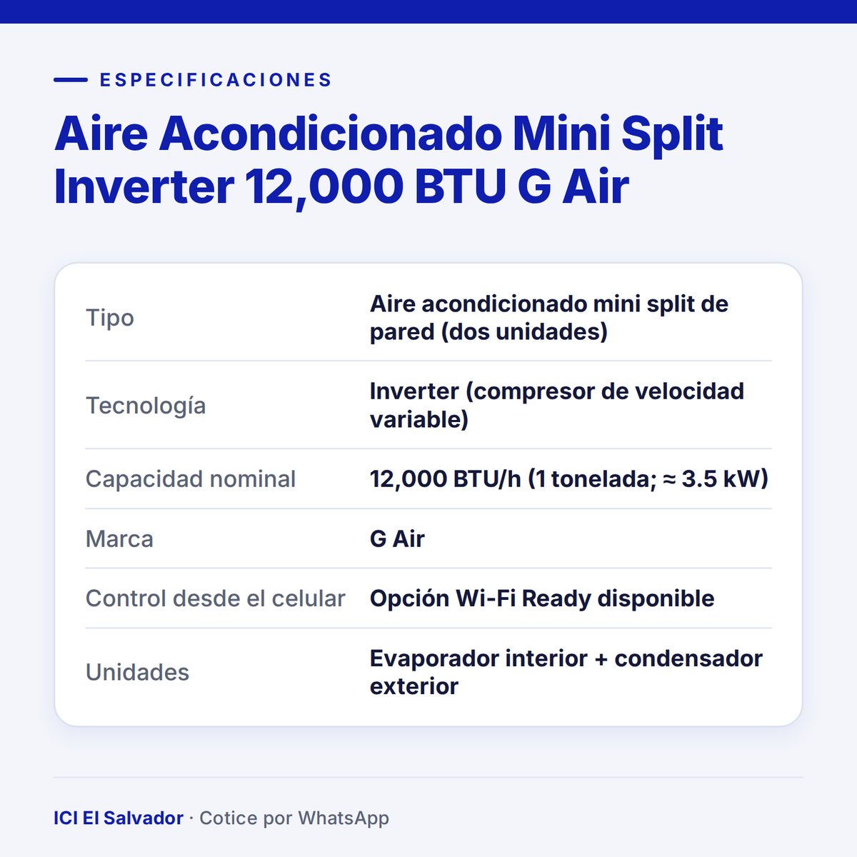 Ficha de especificaciones: mini split inverter G Air 12,000 BTU