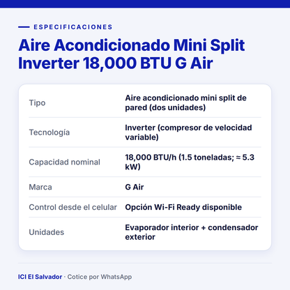 Ficha de especificaciones: mini split inverter G Air 18,000 BTU