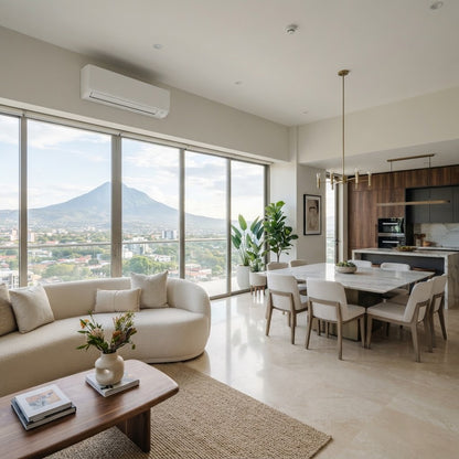 Aplicación típica: mini split inverter de 24,000 BTU en una sala-comedor de un apartamento de lujo