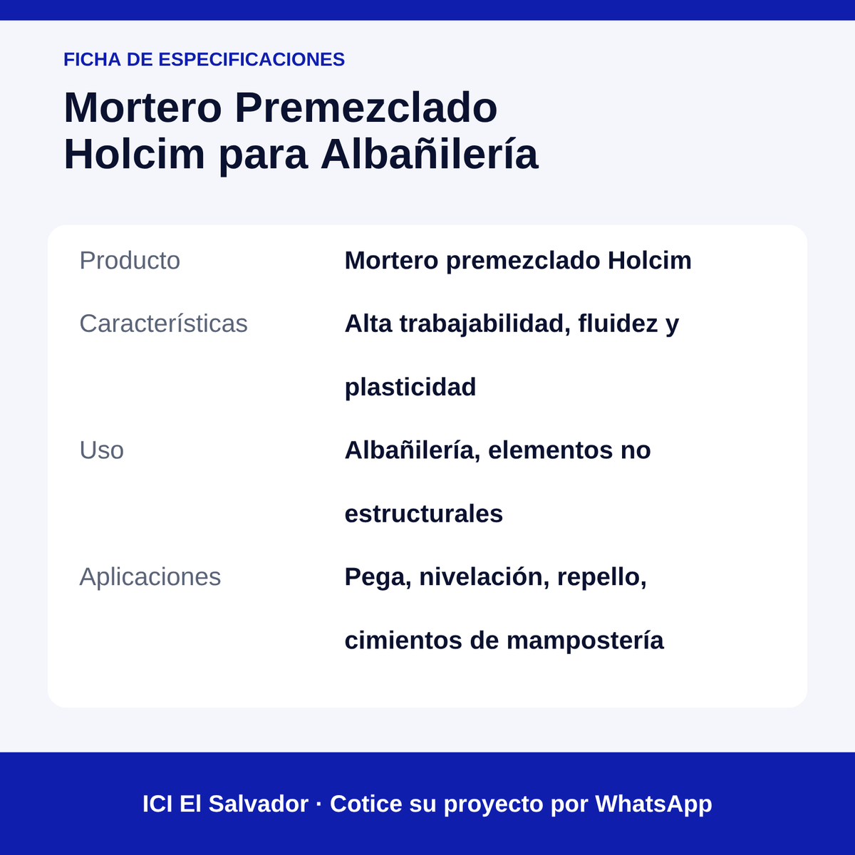 Mortero premezclado Holcim para albañilería — tarjeta de especificaciones