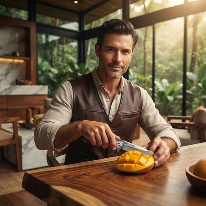 Imagen ilustrativa de uso: un hombre corta un mango con una navaja abatible de mango de madera en un sitio de glamping