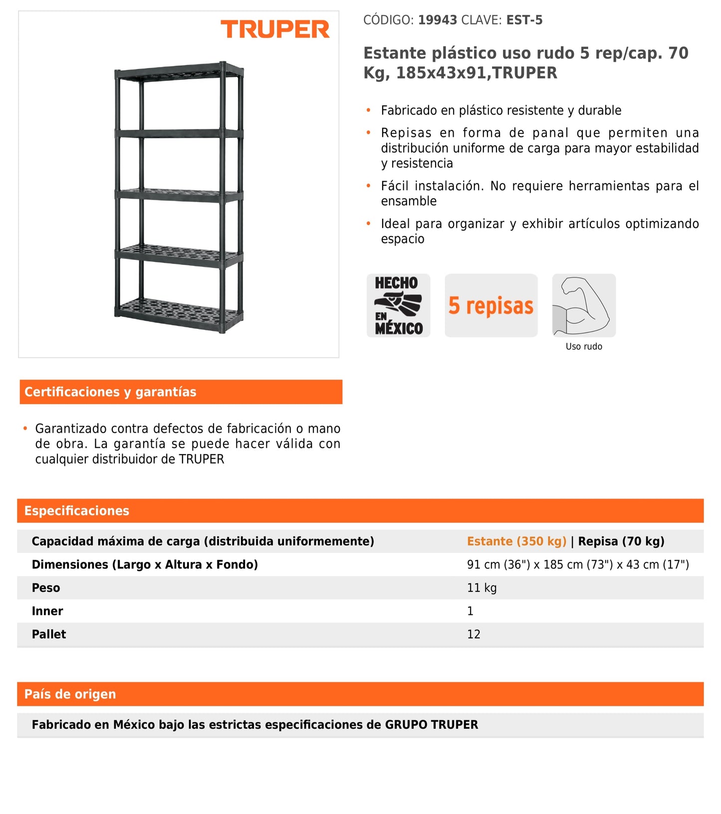 Estante Plástico uso Rudo 5 Repisas