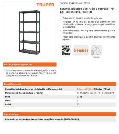 Estante Plástico uso Rudo 5 Repisas