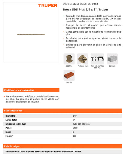 Broca SDS Plus de 1/4 x 8 in con cuerpo de acero al cromo