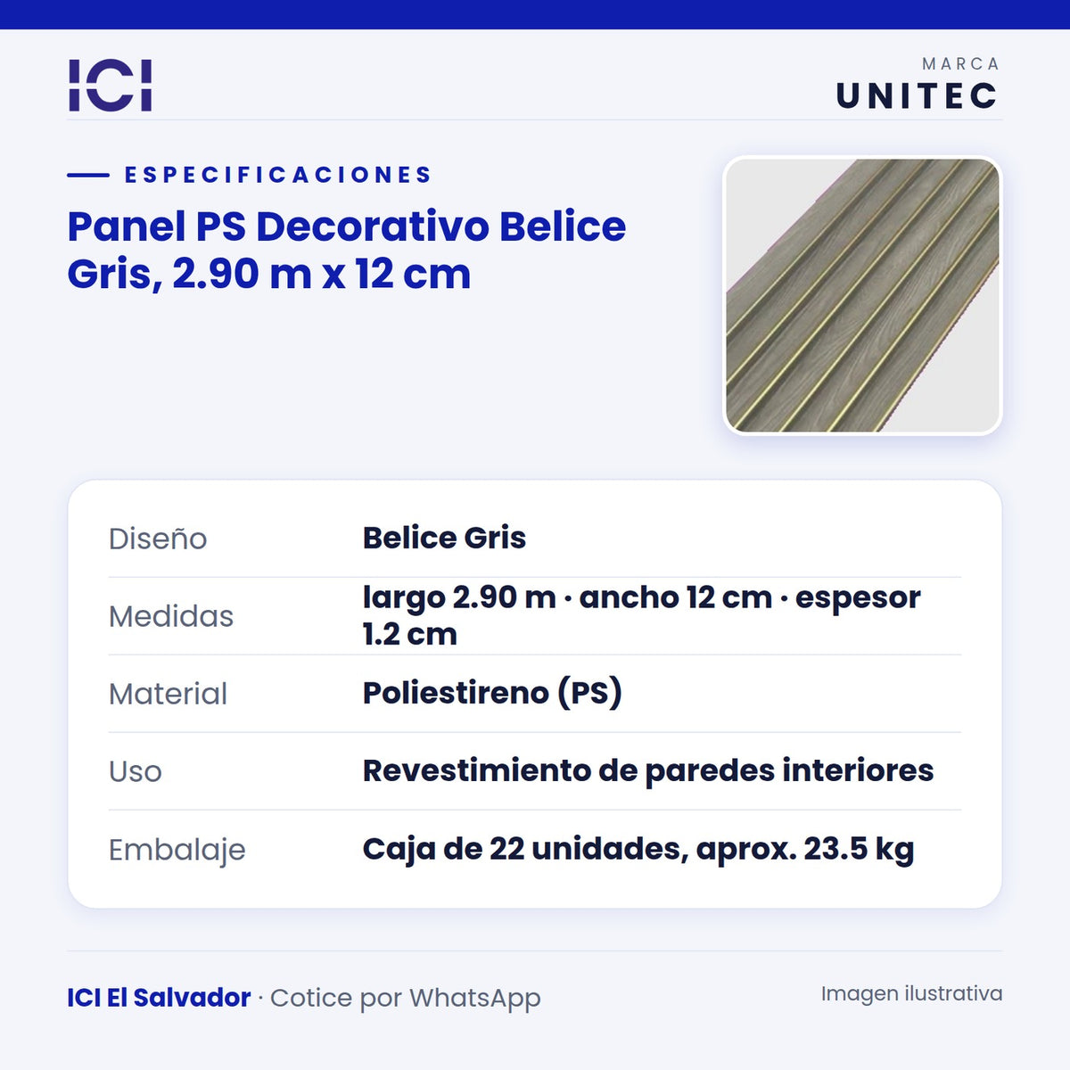 Ficha de especificaciones de Panel PS Decorativo Belice Gris