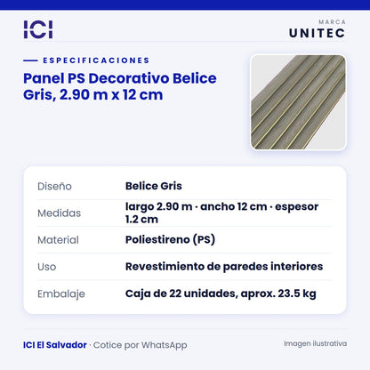 Ficha de especificaciones de Panel PS Decorativo Belice Gris