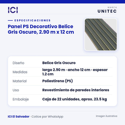 Ficha de especificaciones de Panel PS Decorativo Belice Gris Oscuro